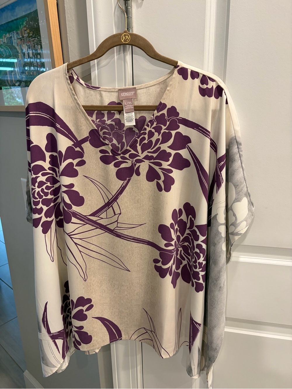 Chico's V-Neck Floral Top in Purple, Cream and Grey
